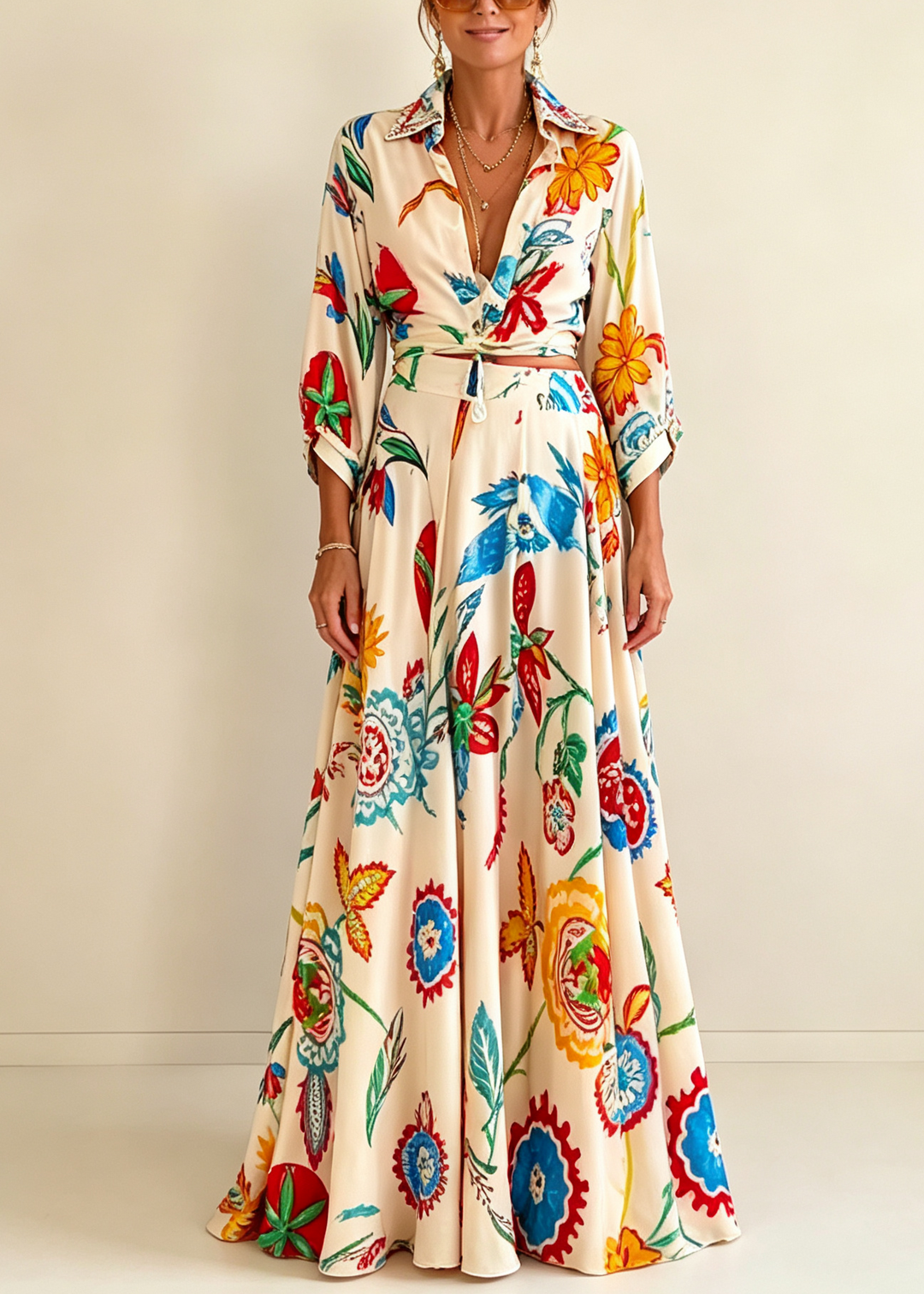 Elegant boho women's floral print tie-front shirt & maxi skirt matching set for summer vacation.