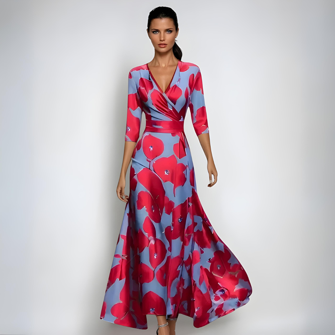 Women's floral print wrap maxi dress with elegant V-neck and 3/4 sleeves, perfect for spring and summer occasions.
