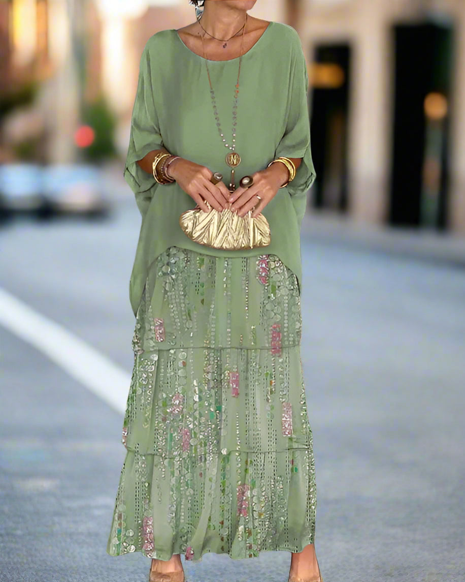 Boho floral sequin tiered maxi dress for women. Elegant wedding guest summer dress with relaxed fit & delicate details.