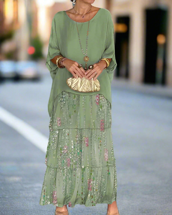 Boho floral sequin tiered maxi dress for women. Elegant wedding guest summer dress with relaxed fit & delicate details.