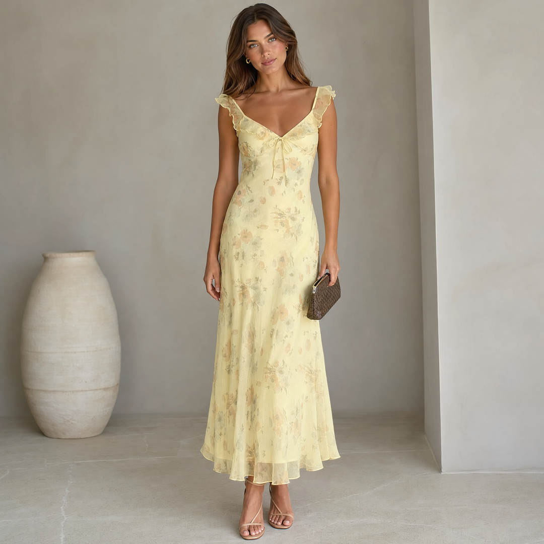 Women's floral sleeveless backless beach dress, perfect for summer vacations & beachwear. Lightweight and stylish.