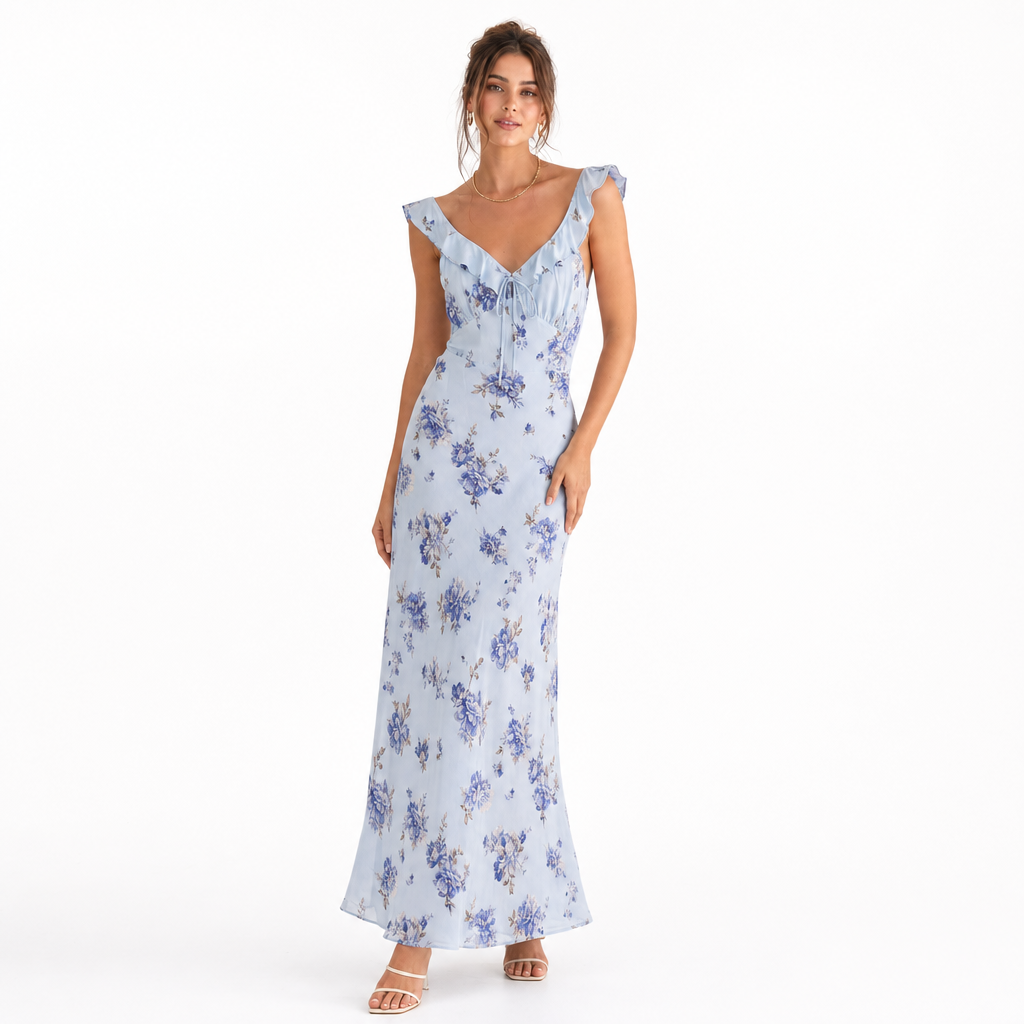 Woman enjoying the sun in a vibrant floral sleeveless backless summer beach dress. Perfect vacation outfit.