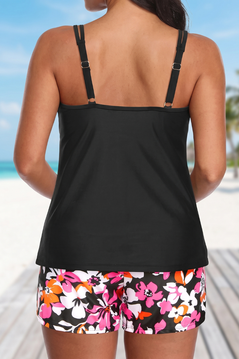 Floral print tankini top & matching swim shorts, a comfortable two-piece set for women's stylish beachwear.