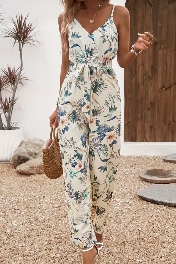 Women's floral tie waist cami jumpsuit, V-neck, sleeveless, perfect for summer casual elegant wear or vacation.