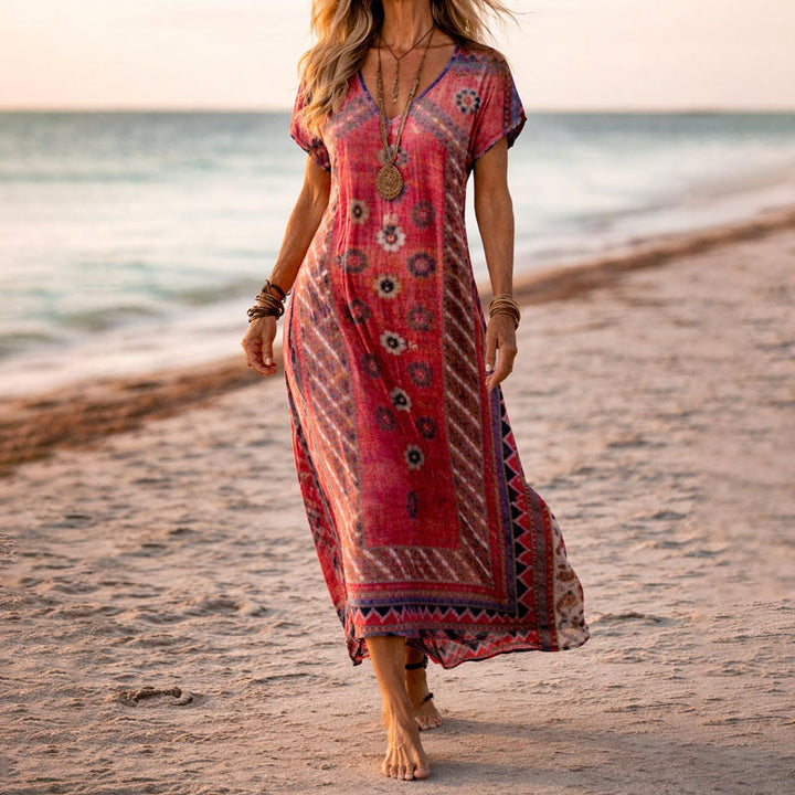 Elegant women's flowy floral V-neck maxi dress, great for summer parties or casual long dress wear.