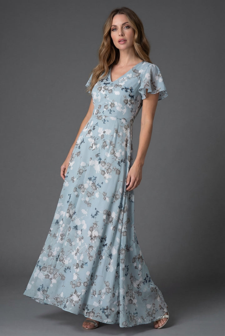 Stylish women's spring/summer floral maxi dress. Features a flattering V-neck & romantic flutter sleeves.