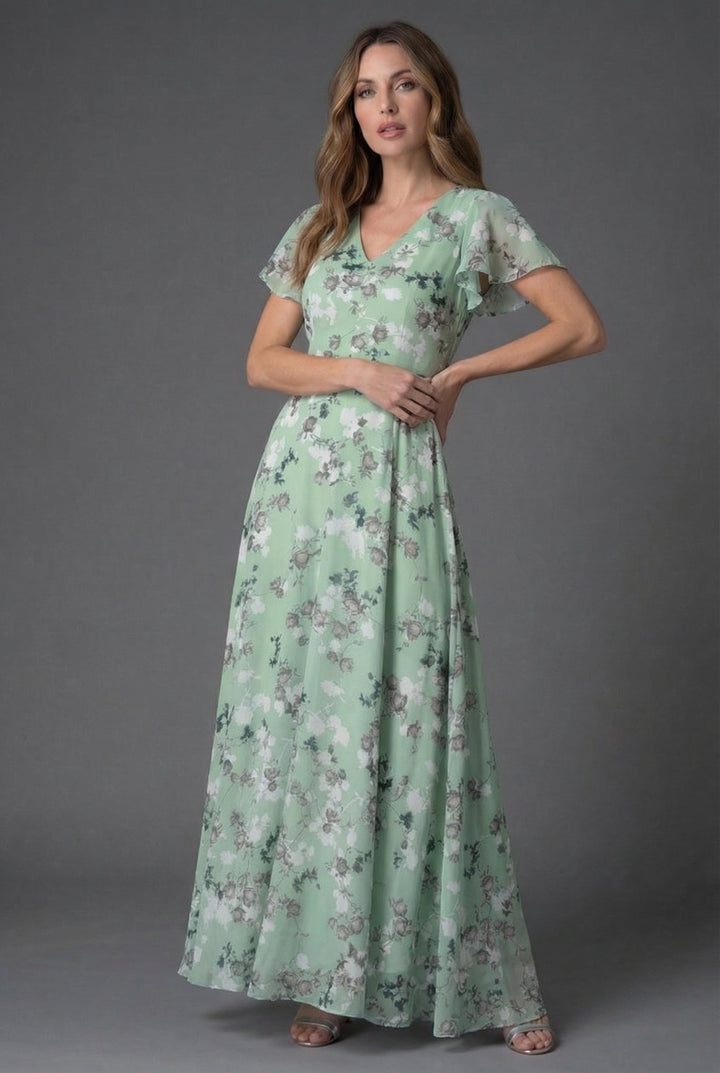 Beautiful women's floral print V-neck maxi dress with soft flutter sleeves, suitable for weddings & parties.