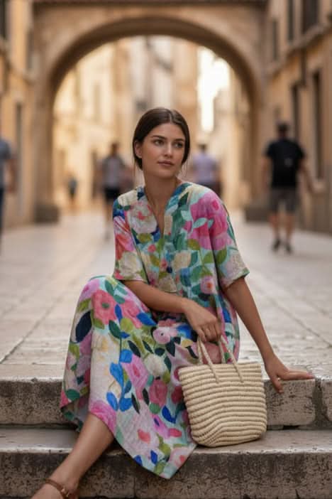 Vibrant floral patterned V-neck midi dress close-up. Showcases delicate fabric, ideal for spring & summer.