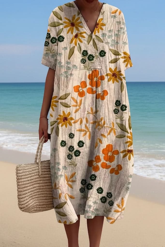 Stylish A-line floral V-neck midi dress, offering an elegant silhouette. Perfect spring & summer day dress.