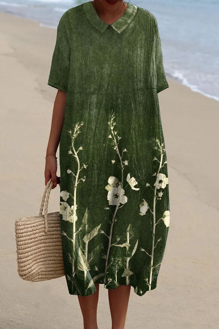Side view of a women's patterned floral V-neck midi dress, highlighting its graceful movement for casual wear.