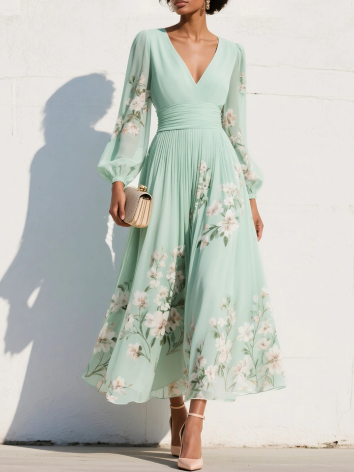 Women's floral V-neck midi dress with long sleeves, perfect for casual wear or special occasions in spring/fall.