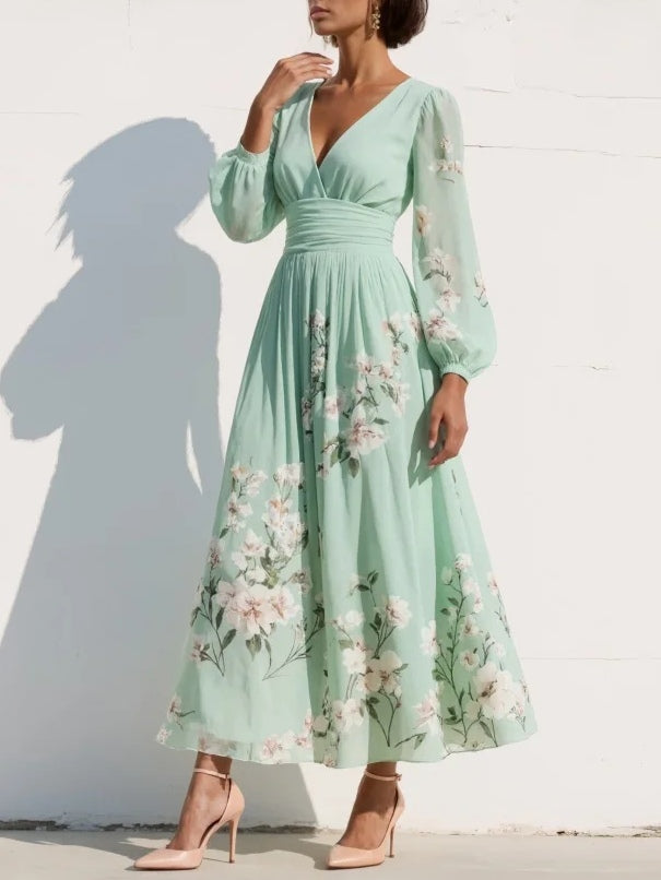Flowy long sleeve floral midi dress for women, ideal for fashionable spring or fall outfits and events.