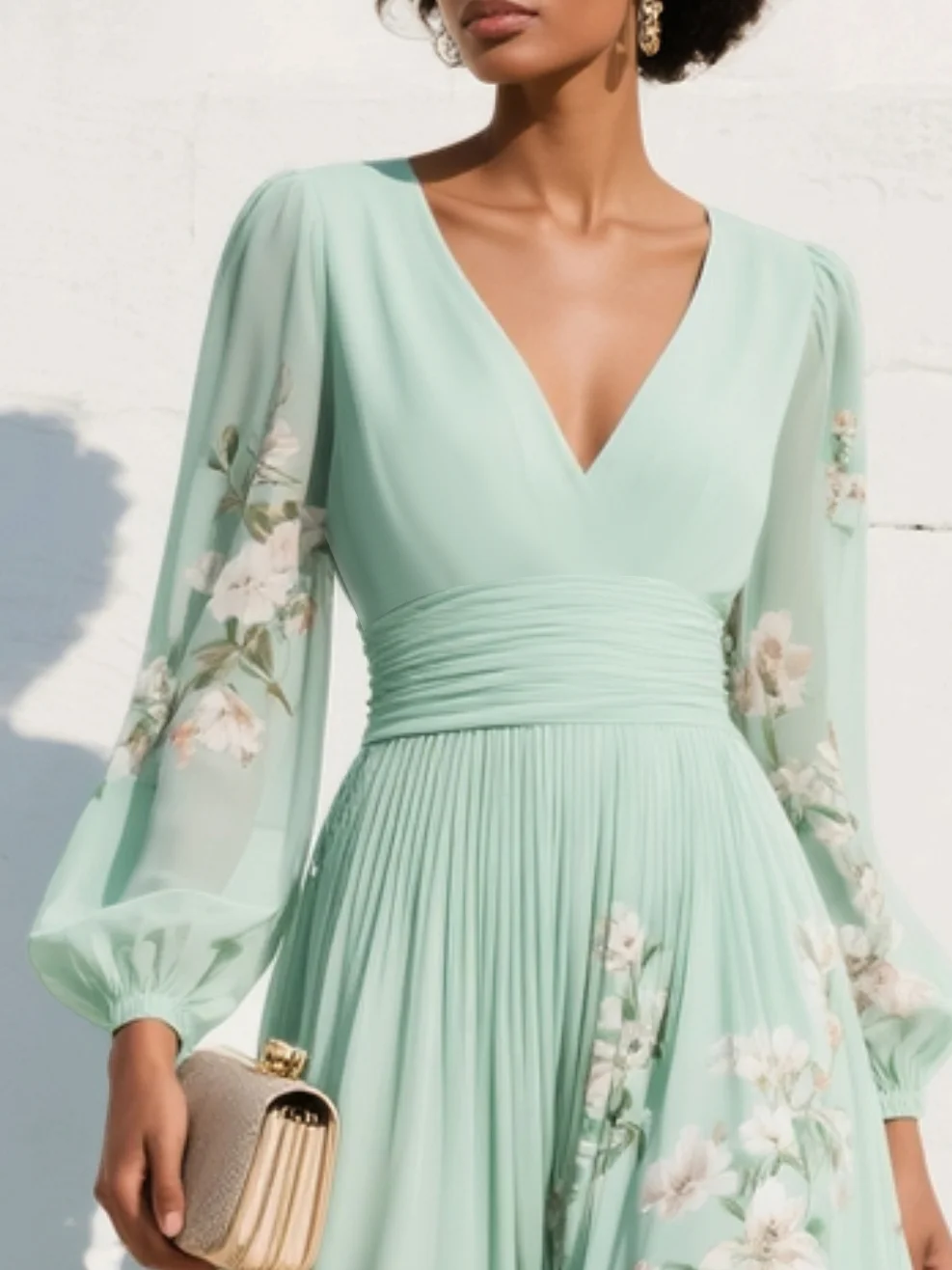 Versatile women's V-neck floral midi dress with long sleeves, offering an elegant and fashionable look.
