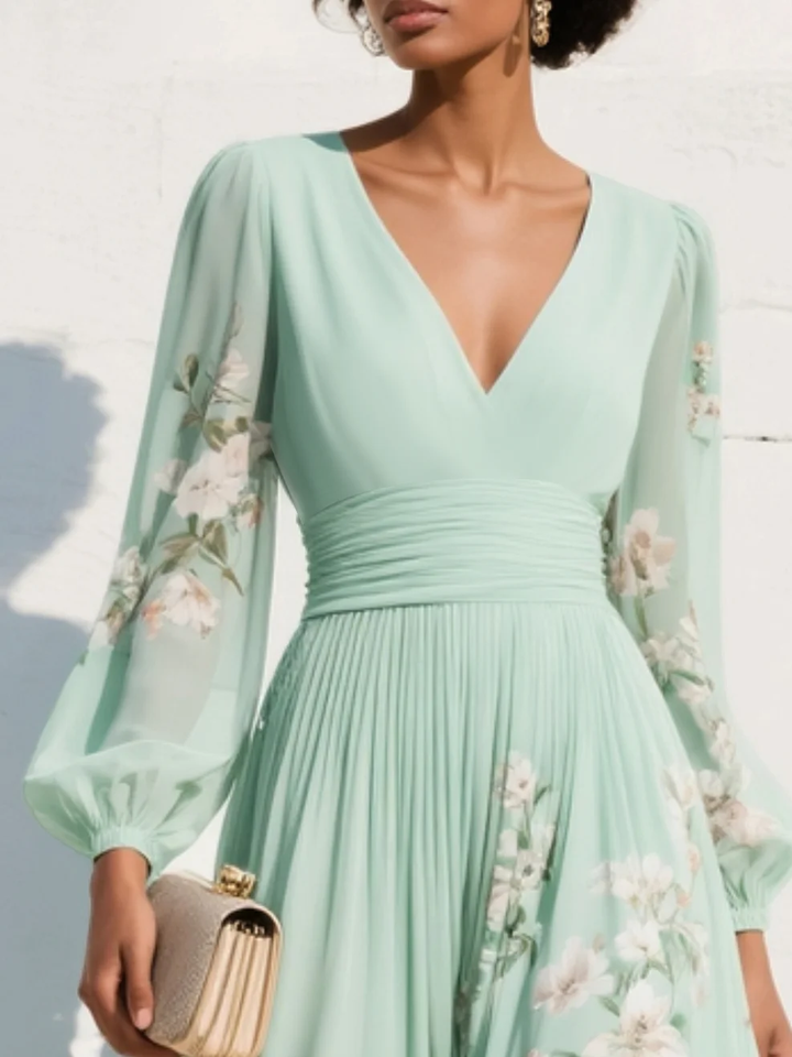 Versatile women's V-neck floral midi dress with long sleeves, offering an elegant and fashionable look.