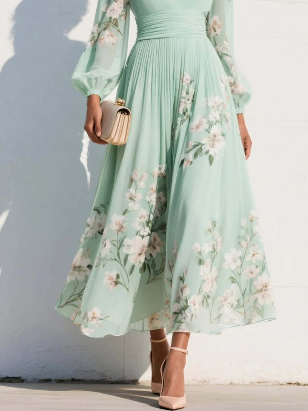 Stylish women's long sleeve floral midi dress, a comfortable and elegant V-neck option for any occasion.