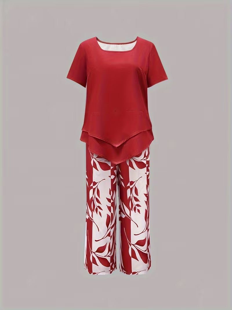 Comfortable women's floral print V-neck top and wide-leg pant set, perfect for relaxed summer days. Lounge wear.