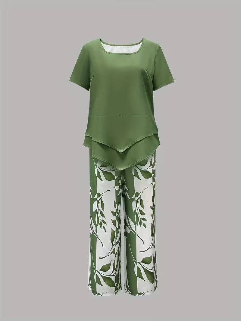 Close-up: women's short-sleeve floral print V-neck top from a comfy two-piece casual set with wide-leg pants.