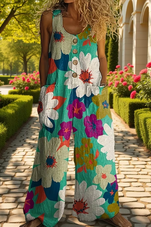 Women's floral wide leg jumpsuit with pockets, perfect for summer casual wear or stylish spring outfits. Effortless comfort.