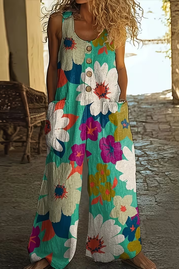 Boho-chic women's floral wide leg jumpsuit. Ideal for vacation, relaxed summer style, or comfortable spring outfits.