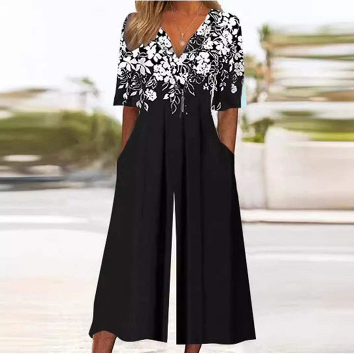 Elegant women's bohemian floral palazzo jumpsuit with V-neck, comfortable for any occasion.