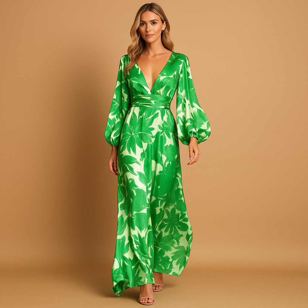 Women's floral wrap maxi dress with elegant balloon sleeves, perfect for wedding guests & special occasions.
