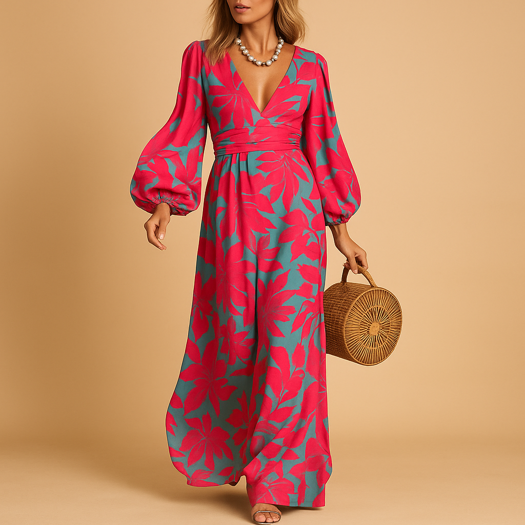 Flowy women's floral V-neck wrap maxi dress with chic balloon sleeves, ideal for evening & special events.