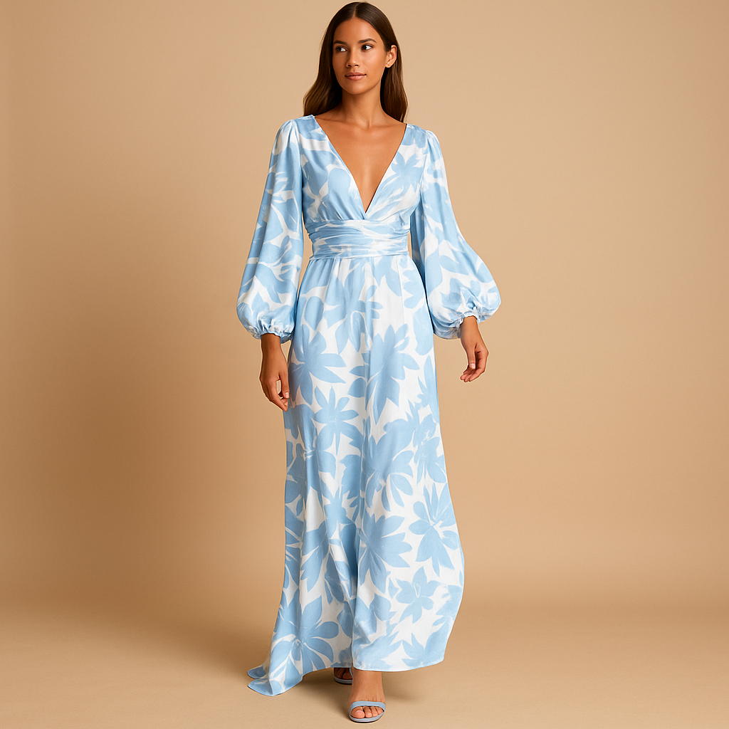 Stylish long floral wrap dress for women featuring beautiful balloon sleeves & a flattering V-neck.