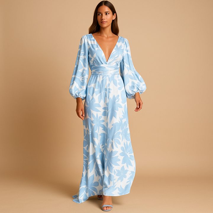 Stylish long floral wrap dress for women featuring beautiful balloon sleeves & a flattering V-neck.