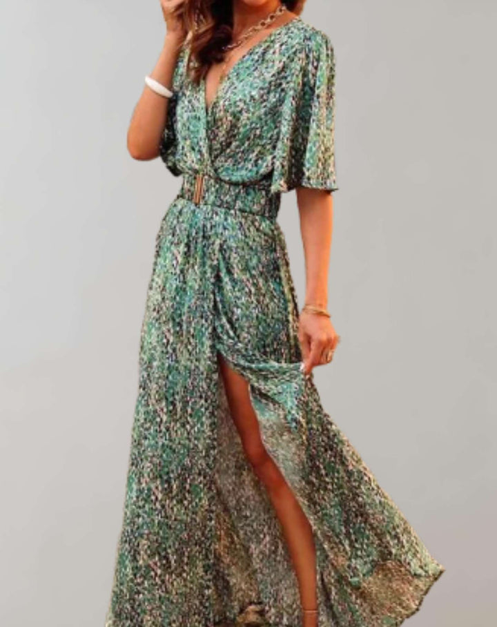 Women's floral wrap maxi dress with side slit, v-neck, and flowy design for summer.