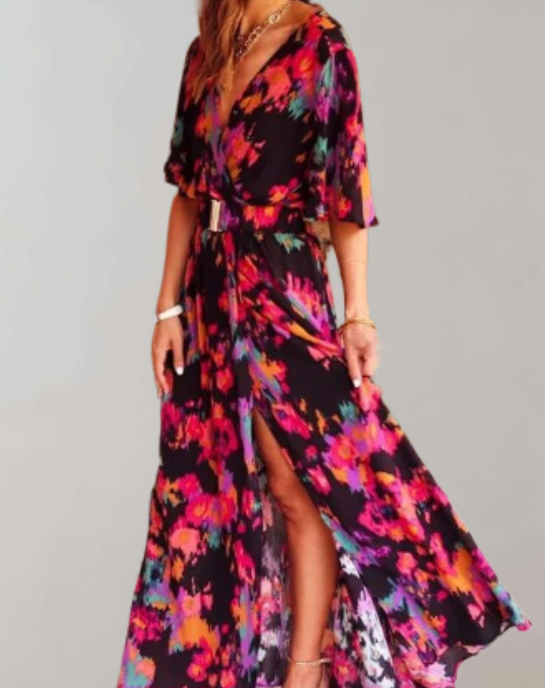 Elegant women's floral wrap maxi dress, perfect for vacation, brunch, or casual chic summer outfits.