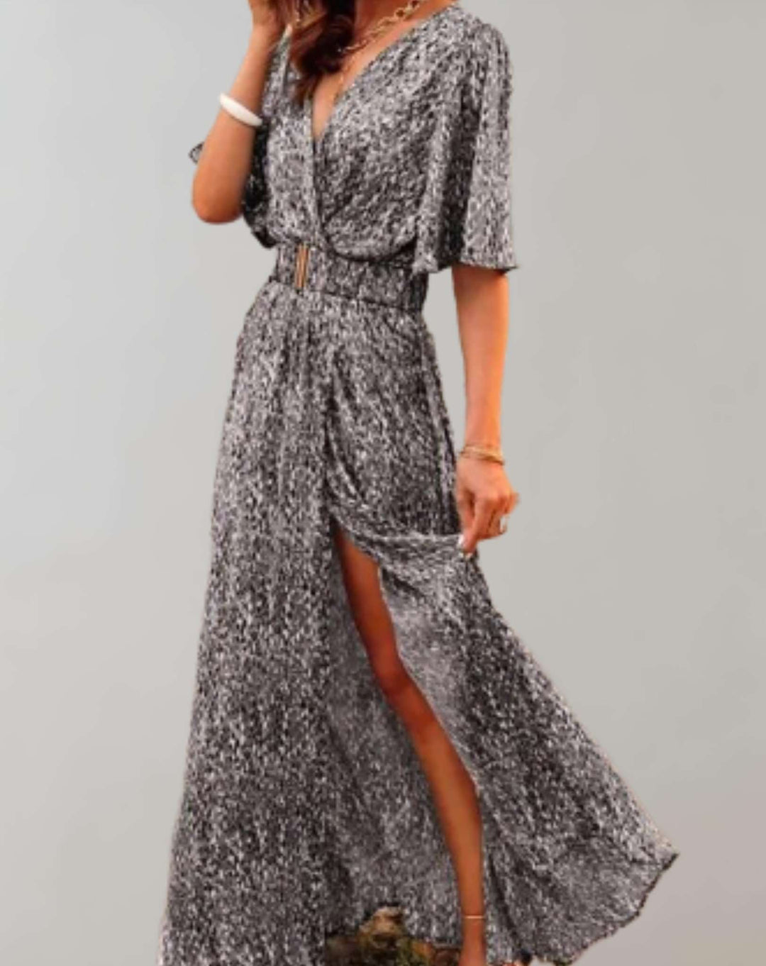 Comfortable women's floral wrap maxi dress with side slit, a versatile summer or vacation essential.