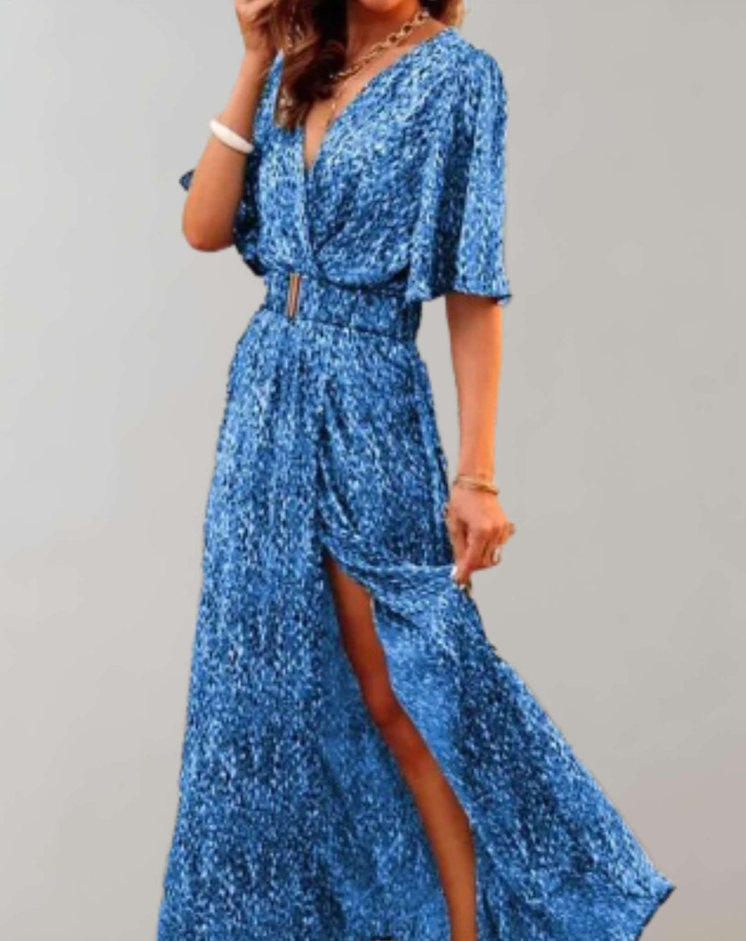 Stylish women's v-neck floral wrap maxi dress, featuring a flowy silhouette and chic side slit.