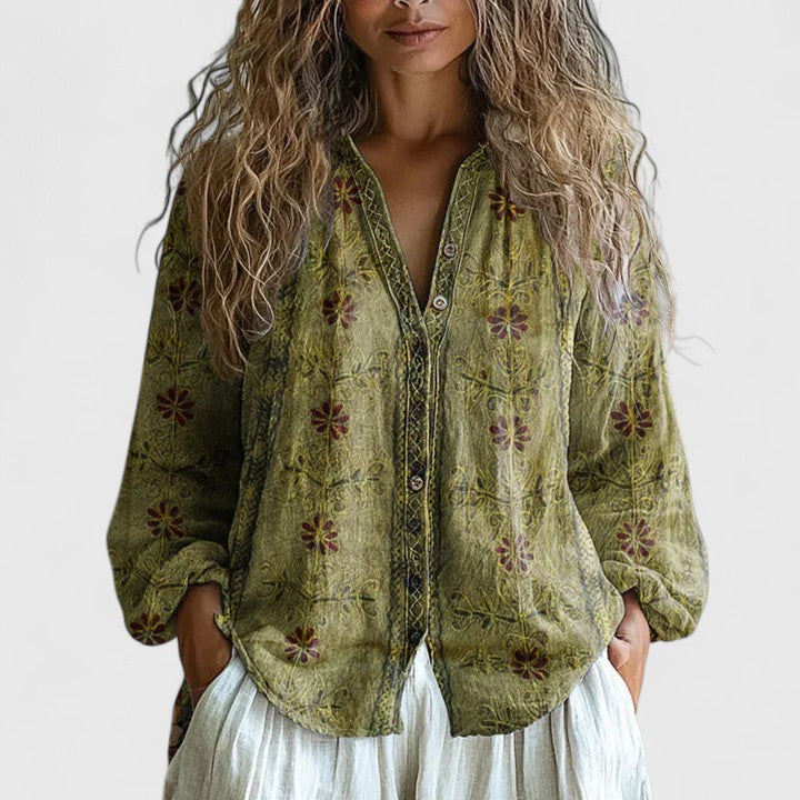 Versatile green floral zip-front long sleeve blouse for women. Casual, everyday chic bohemian style.