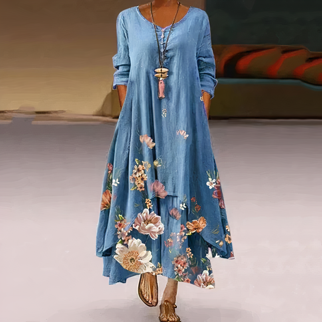 Graphic print long-sleeve midi dress for women, with a modern asymmetric hem design.