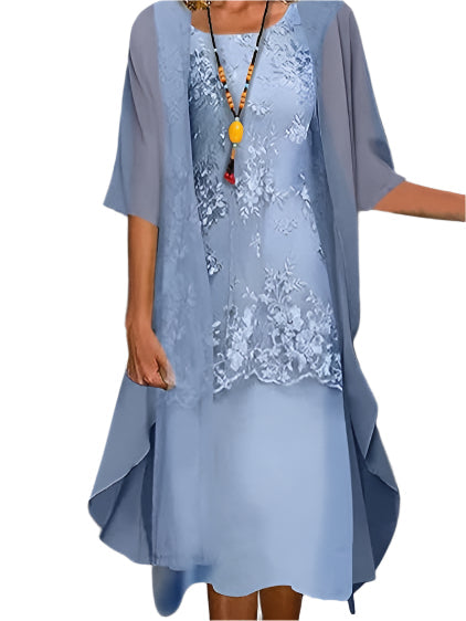 Women's flowing midi wedding guest dress with elegant sheer sleeves. Perfect for formal events & special occasions.