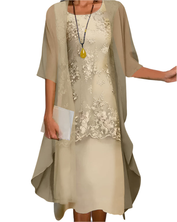 Elegant A-line midi dress for women featuring delicate sheer sleeves. Ideal formal wear, cocktail & party attire.