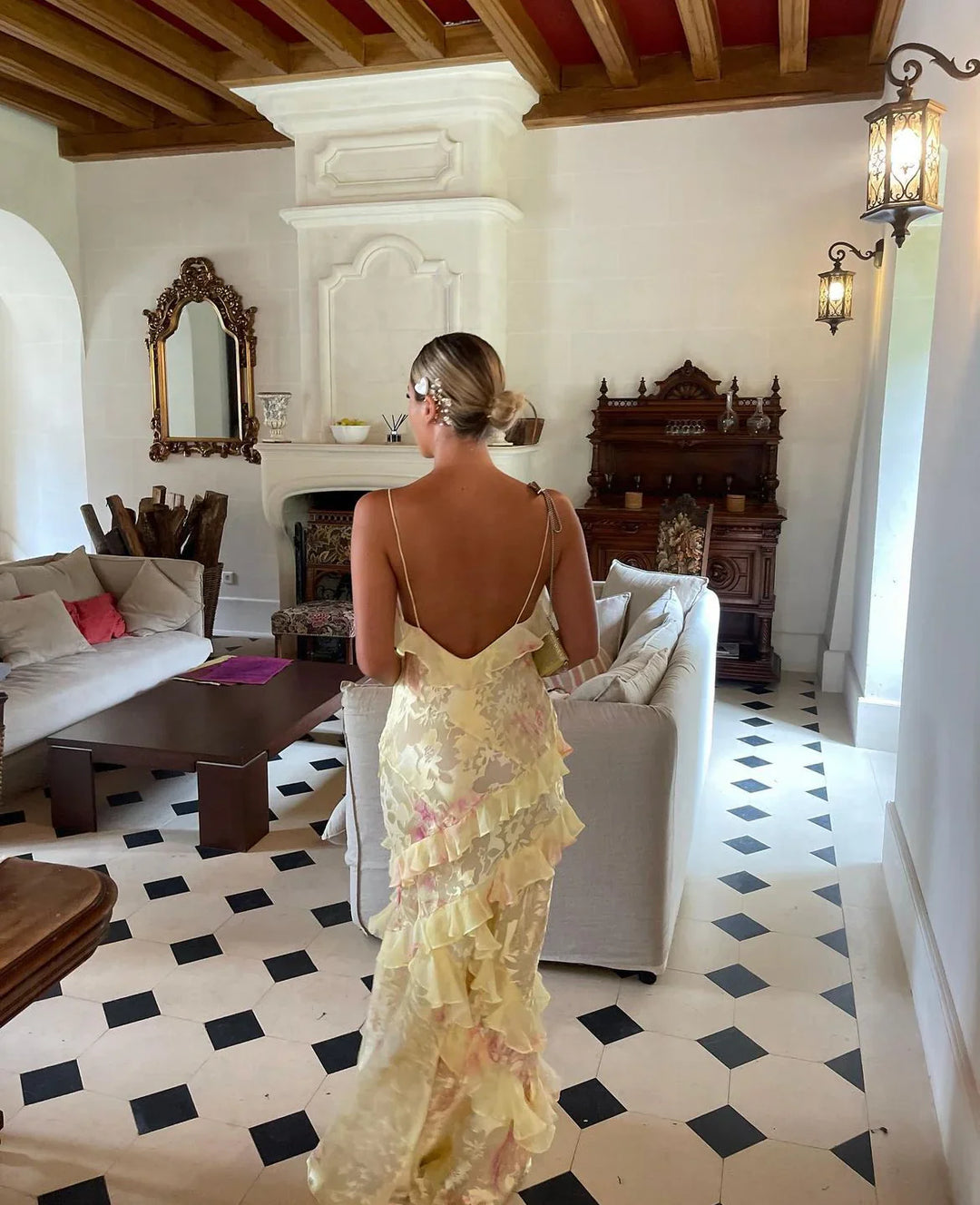 Full length Women's Ruffle Maxi Dress. Beautiful open-back summer gown, ideal for elegant garden parties.