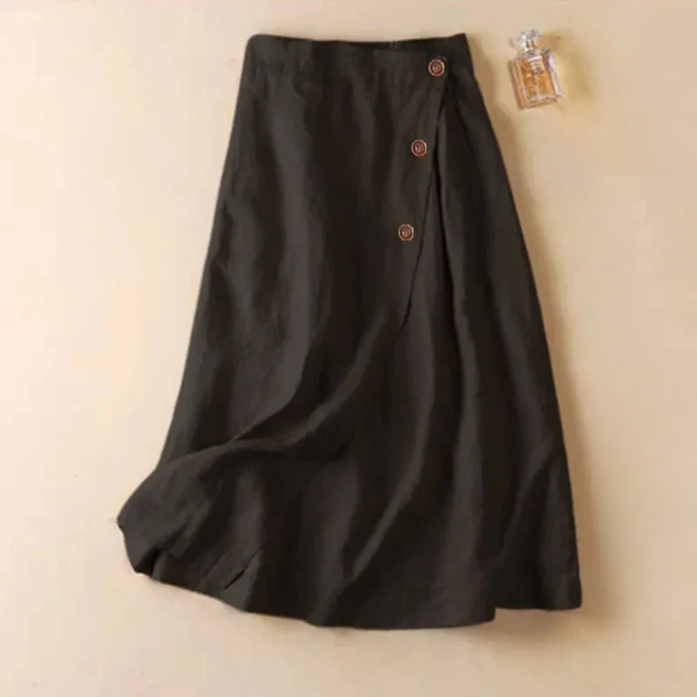 Comfortable women's A-line midi skirt, a versatile flowy style for everyday casual or elegant spring fashion.