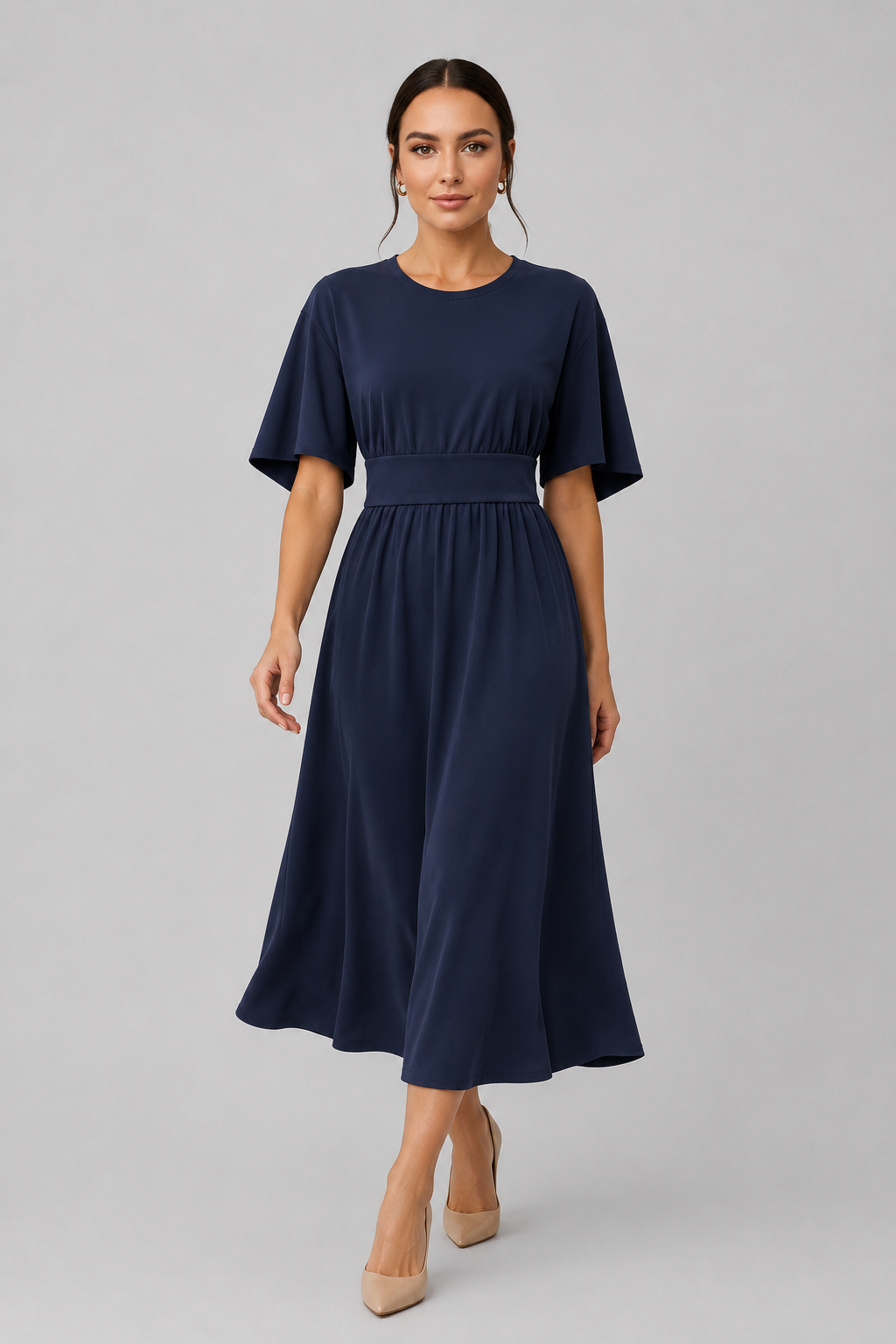 Women's flowy blue midi dress with wide sleeves & waist belt. Elegant and versatile casual fashion.