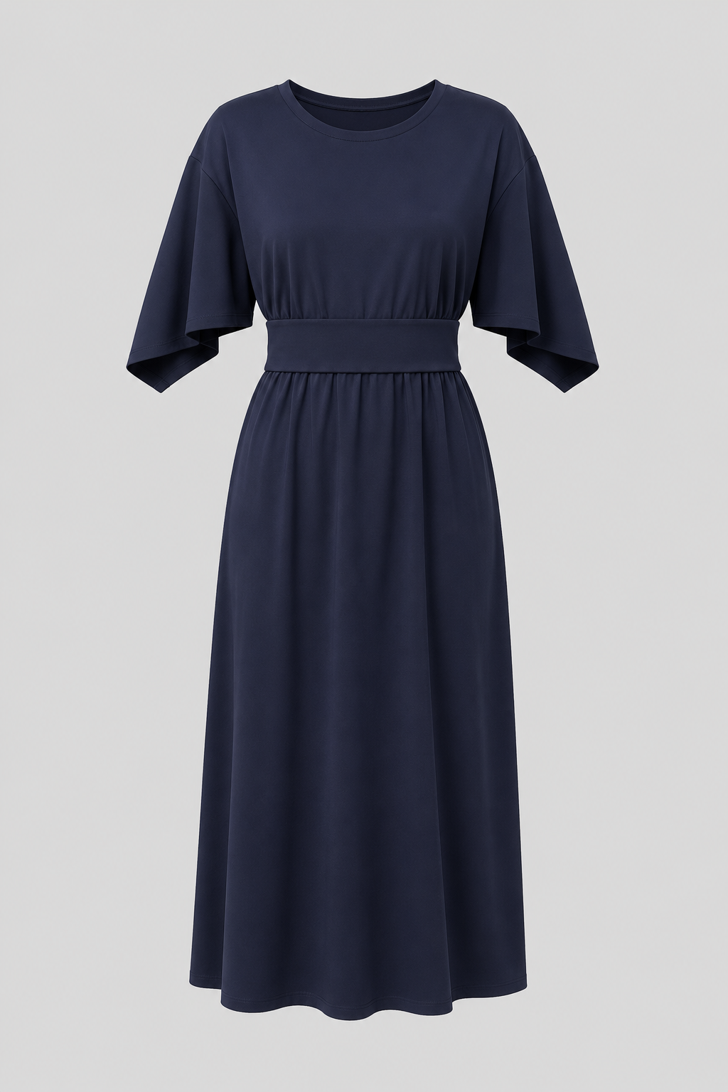 Women's elegant blue midi dress, flowy wide sleeves, and a flattering waist belt. Versatile fashion.