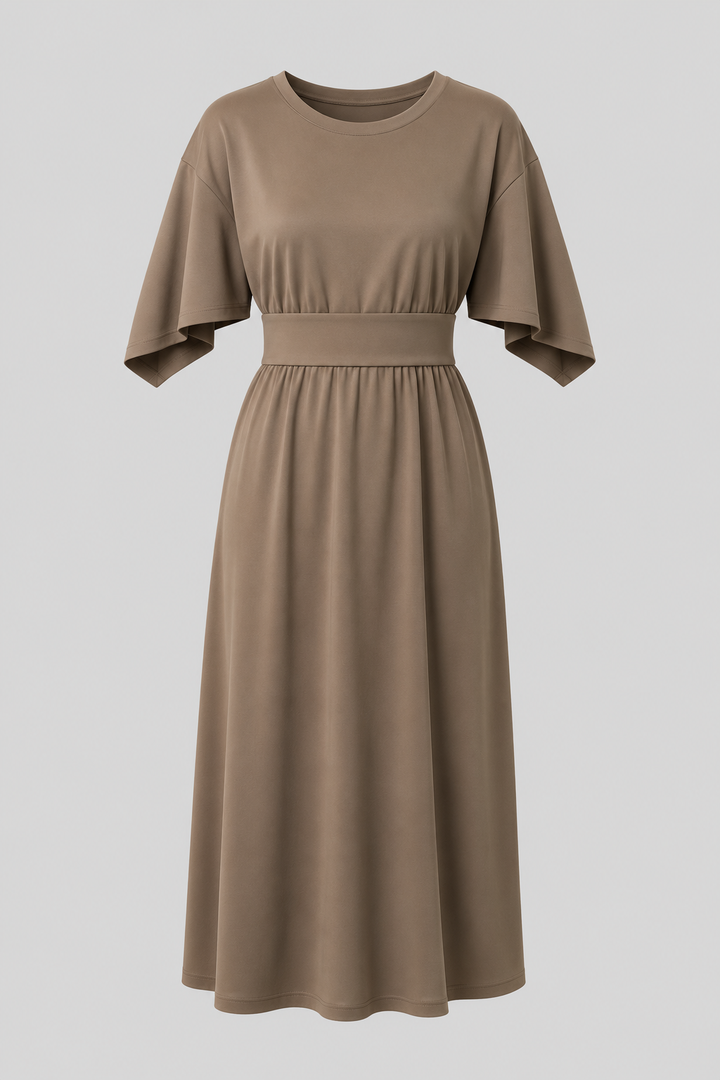 Chic black flowy midi dress for women, wide sleeves & waist belt. Perfect for any casual or elegant event.