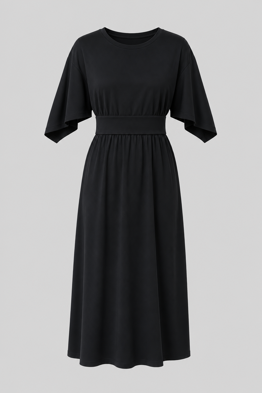 Comfortable brown flowy midi dress for women. Wide sleeves, waist belt. Easy elegant casual style.