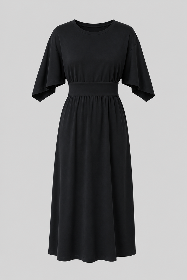 Comfortable brown flowy midi dress for women. Wide sleeves, waist belt. Easy elegant casual style.
