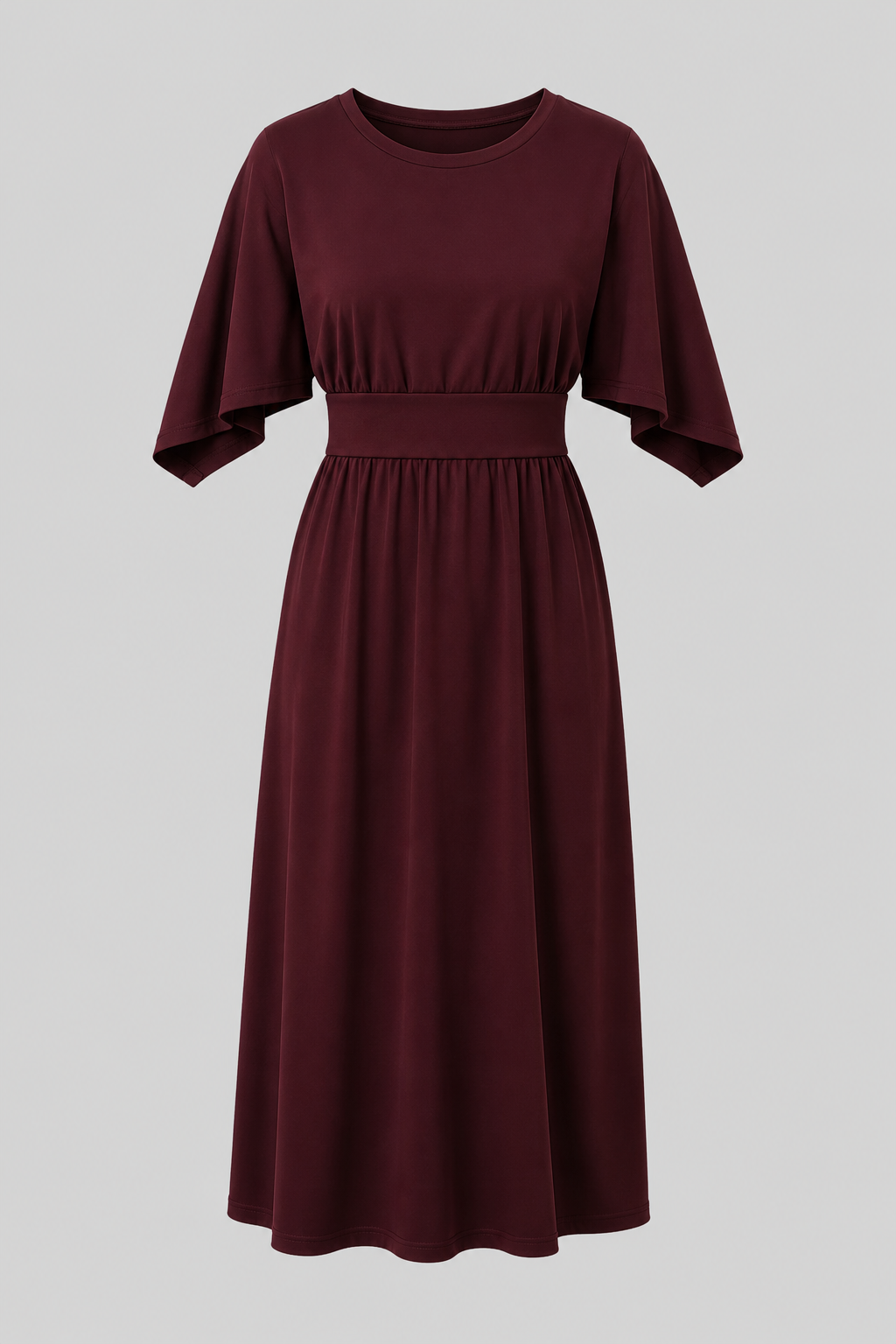 Women's versatile flowy midi dress with wide sleeves & a cinching waist belt. Solid color fashion.
