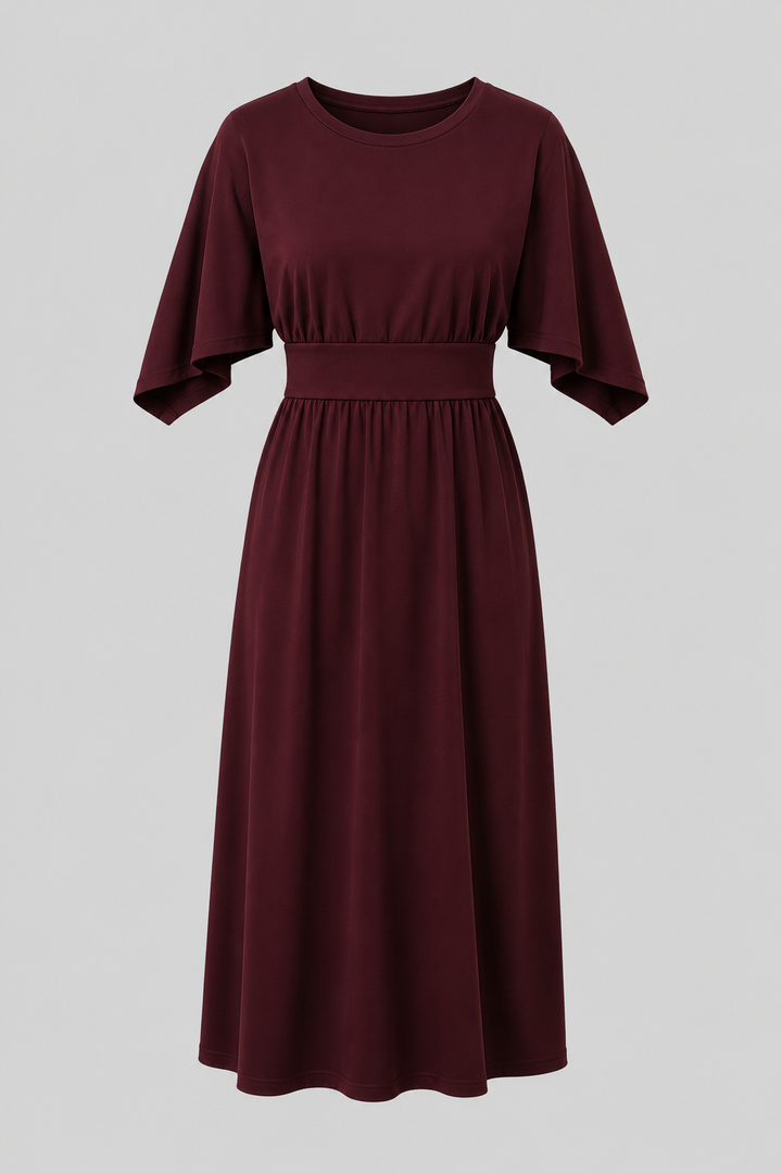 Women's versatile flowy midi dress with wide sleeves & a cinching waist belt. Solid color fashion.