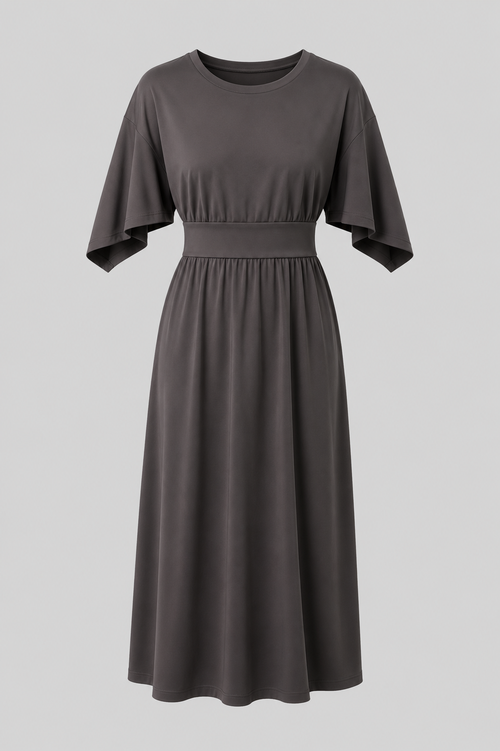 Blue flowy midi dress for women, wide sleeves & waist belt. Ideal for both casual and elegant occasions.