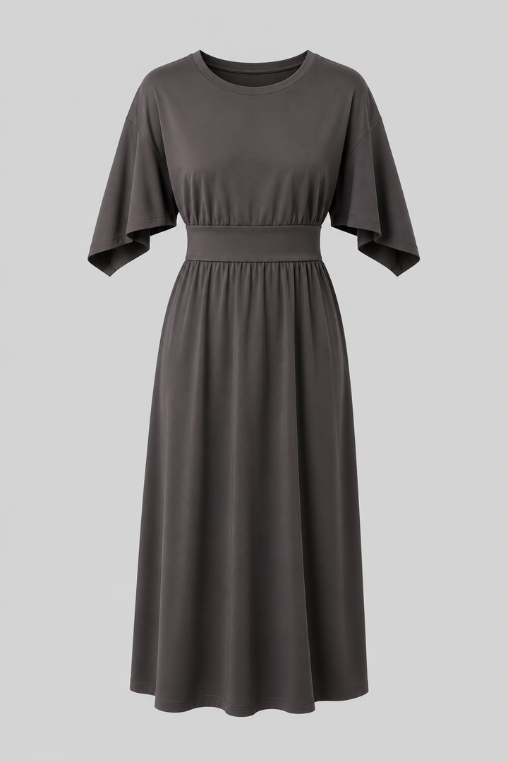 Blue flowy midi dress for women, wide sleeves & waist belt. Ideal for both casual and elegant occasions.