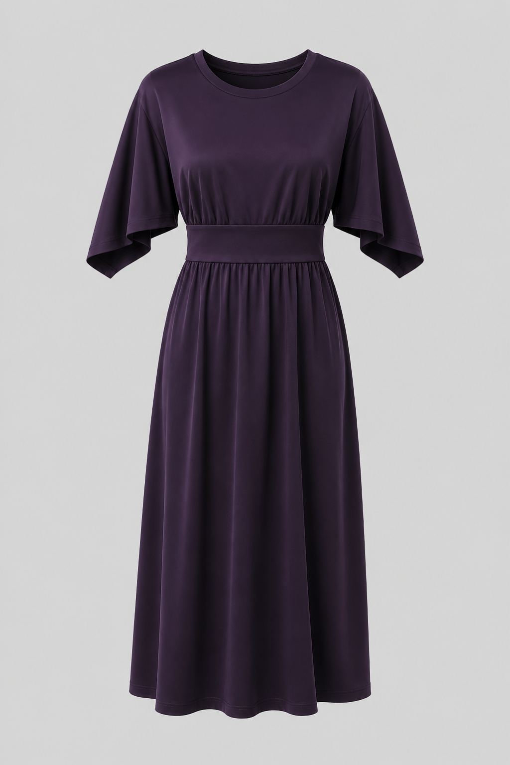 Black solid flowy midi dress for women. Wide sleeves, waist belt. A must-have elegant casual piece.
