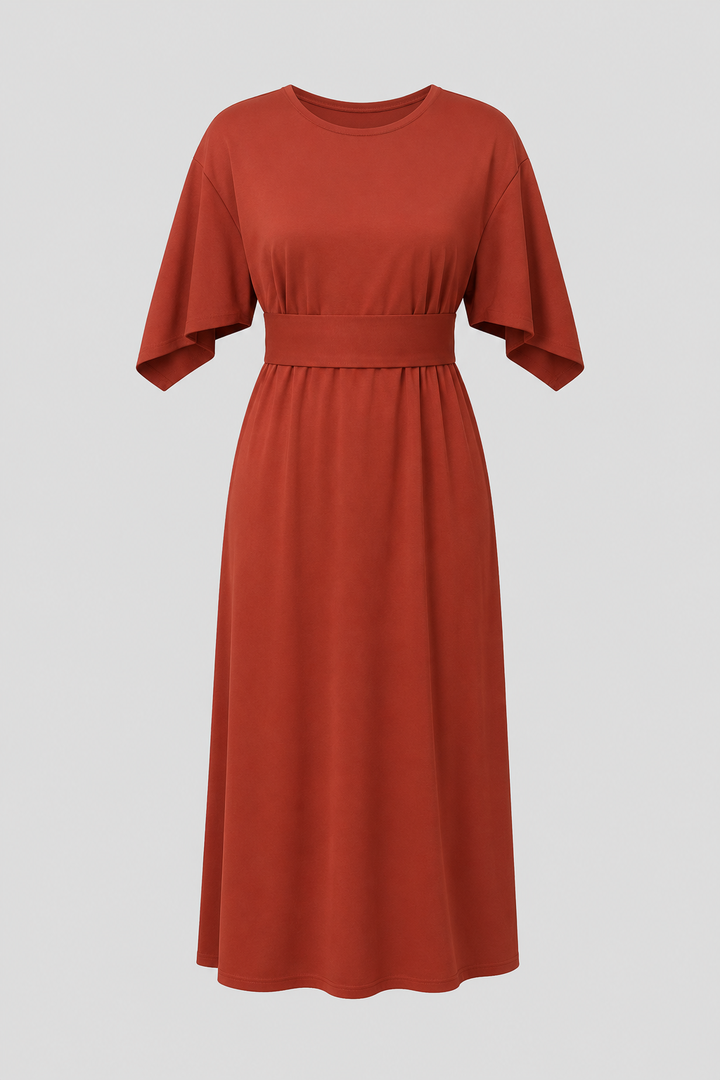 Brown elegant flowy midi dress for women. Wide sleeves & waist belt. Perfect for stylish everyday wear.