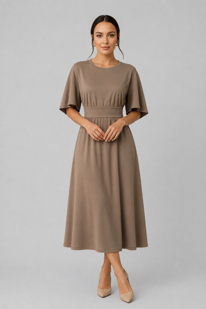 Black flowy midi dress for women, wide sleeves & waist belt. Chic and versatile elegant casual wear.